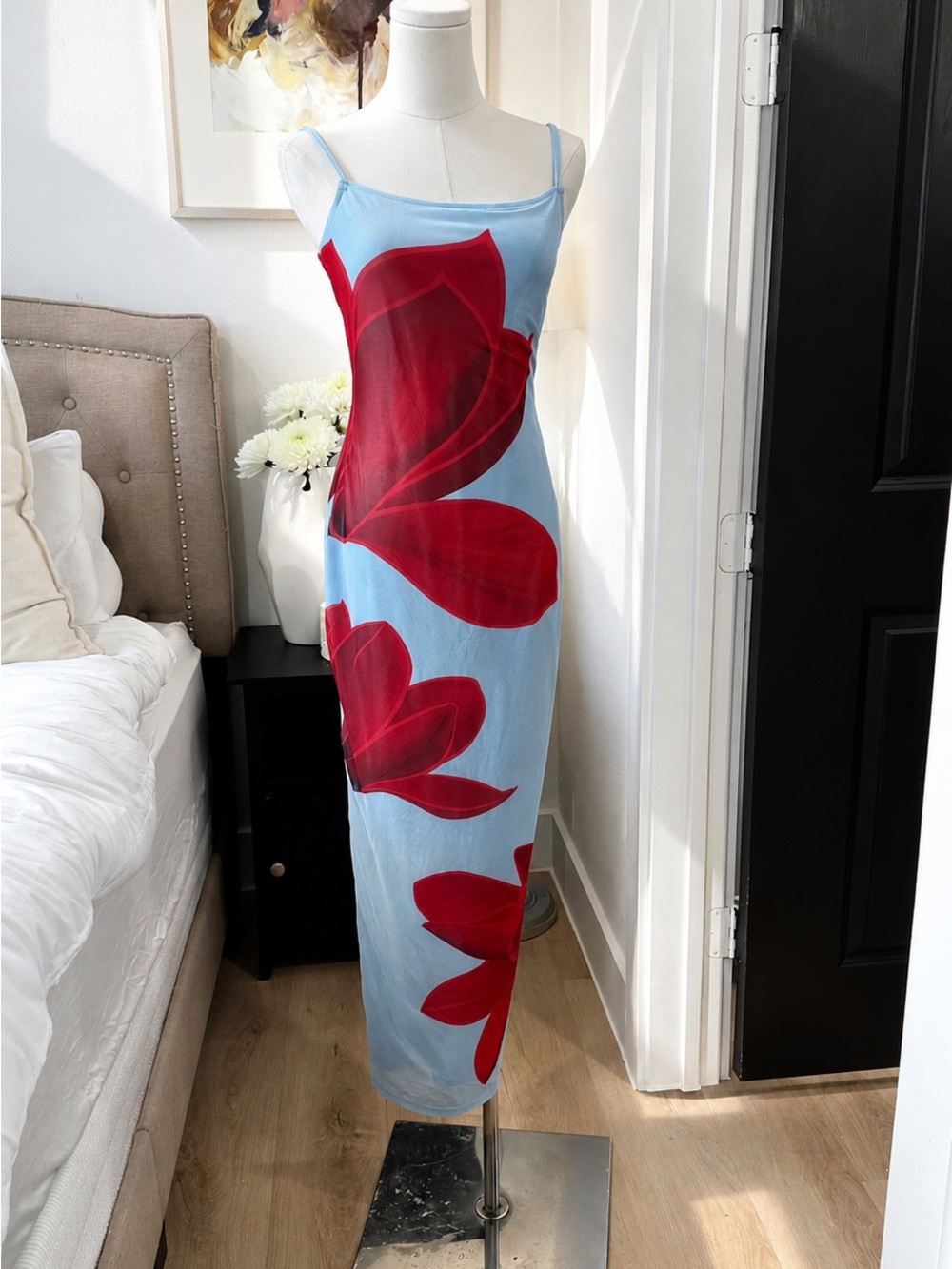 PrettyGarden Blue Red Floral Mesh Bodycon Midi Dress NWT Size M